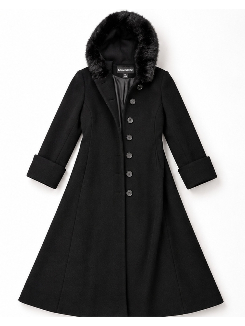 Donnybrook Black 100% Wool Genuine Fur Hood Long Coat Size 2P